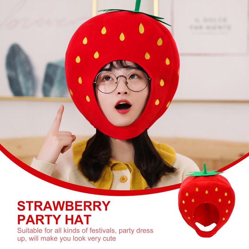 Strawberry Costume Hat | Plush Fruit Headwear for Adults, Novelty Funny Cosplay Photo Pillow -7