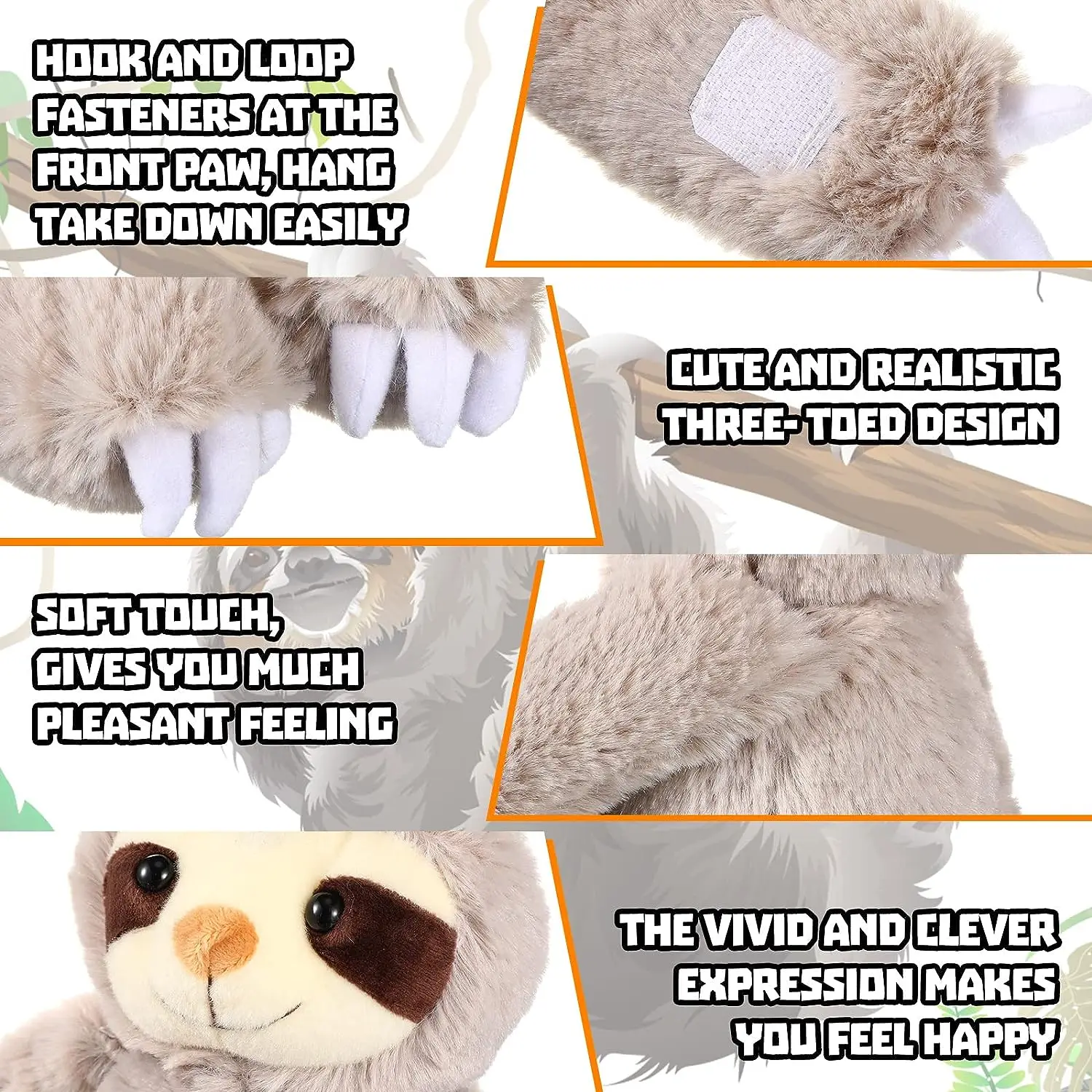 Hanging Sloth Stuffed Animals | 14 Inch Sloth Plush Toy With Hook And Loop Hands -2