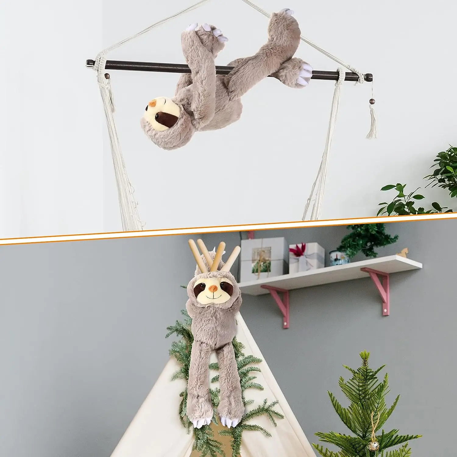 Hanging Sloth Stuffed Animals | 14 Inch Sloth Plush Toy With Hook And Loop Hands -3